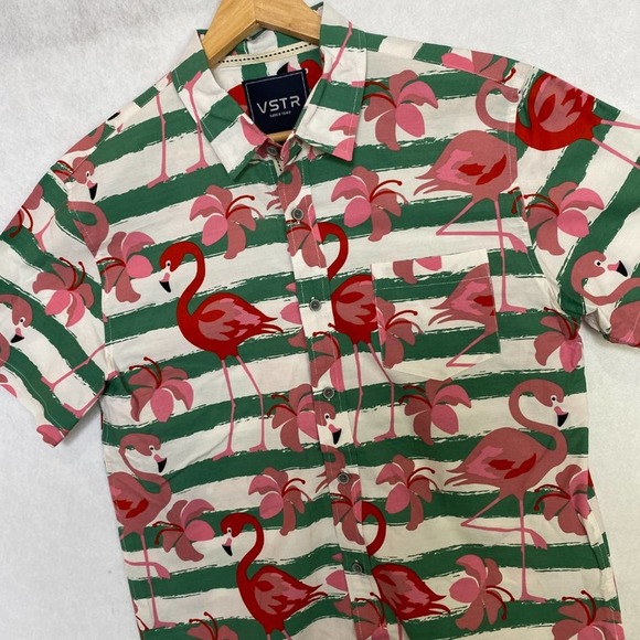VSTR Button Up Shirt Collar Flamingo Pattern Striped Green White Short Sleeve L - Picture 2 of 9